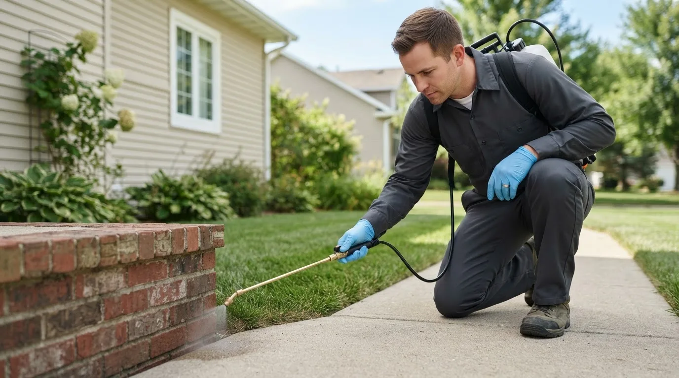 Pest control technician treating a home near Kincheloe, MI
