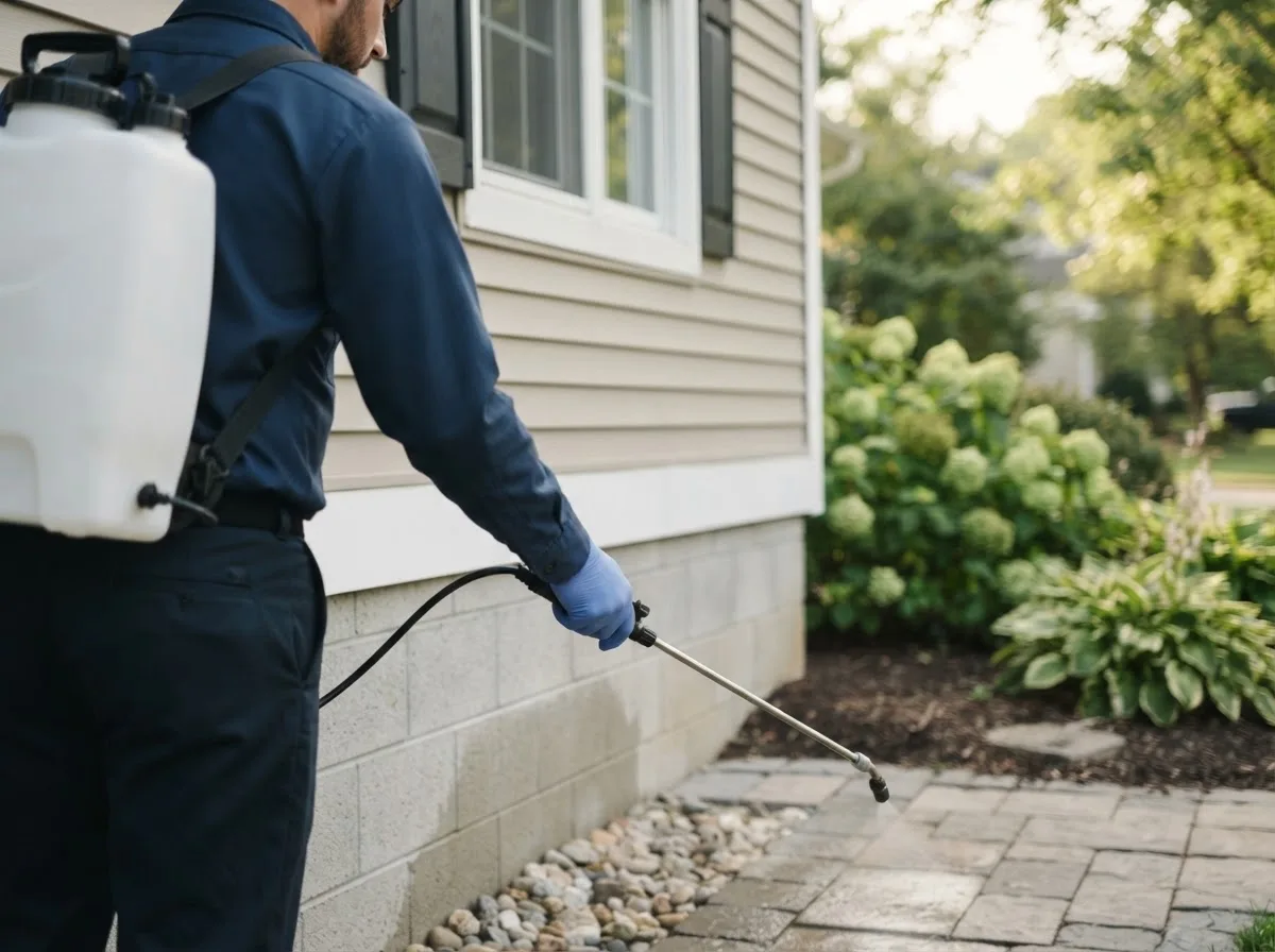 Pest control technician inspecting a home in Kincheloe, MI
